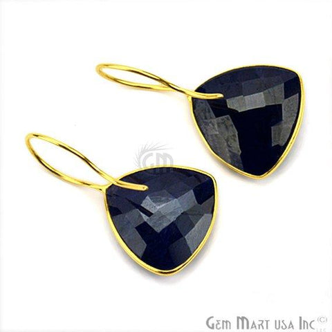 Natural Blue Sapphire, 16mm Trillion Checker Cut Gemstone Hook Earrings (GESH-90008) - GemMartUSA