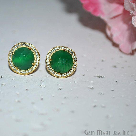 CZ Pave Round 10mm Gold Plated Gemstone Stud Earring Choose Your Gemstone (90037-1) - GemMartUSA