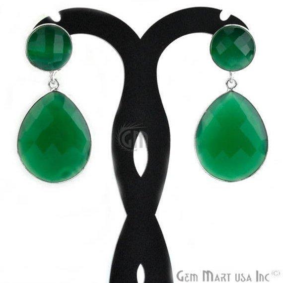 Pear and Round Shape 21x46mm Silver Plated Gemstone Dangle Studs (Pick your Gemstone) (90013-1) - GemMartUSA