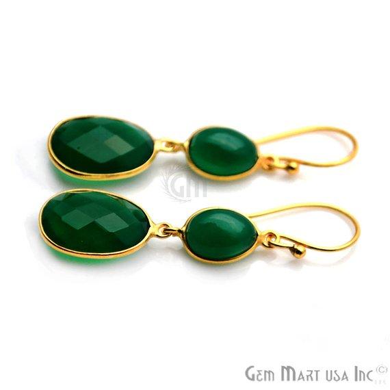 Green Onyx Earrings, Onyx Cabochon Earrings, Gold Hook Earring, Cabochon Earring, Dangle Earrings (GOER-90239) - GemMartUSA