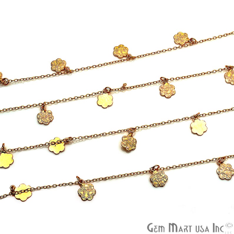 Flower Engraved Finding Gold Plated Soldered Station Rosary Chain - GemMartUSA