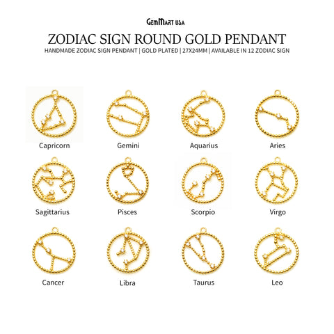 Zodiac Sign Round CZ Gold Pendant Necklace, Zodiac Birthday Gift, Constellations Necklace Pendant
