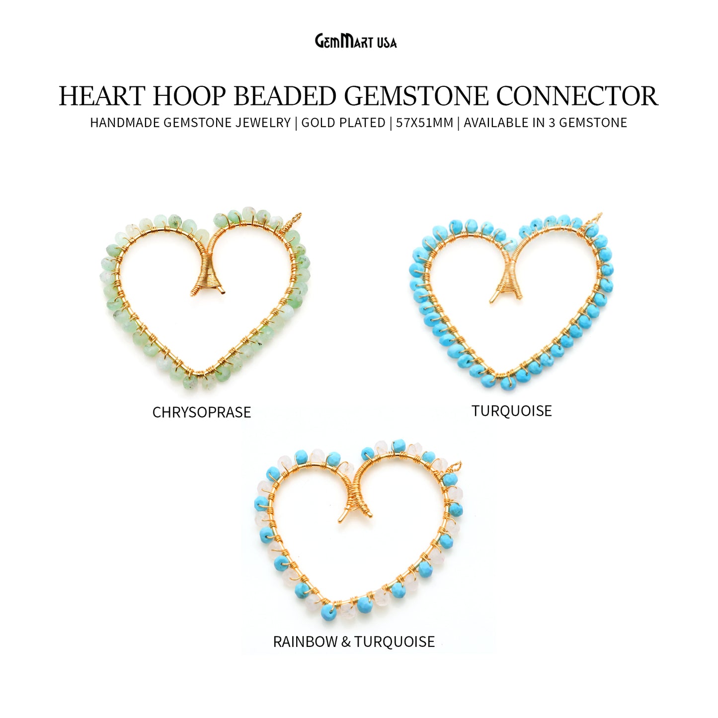 DIY Heart Shaped Hoop Beaded 57x51mm Gold Wire Wrapped Jewelry Connector