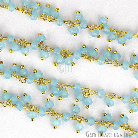Aqua Chalcedony Gold Plated Wire Wrapped Beads Cluster Dangle Chain - GemMartUSA