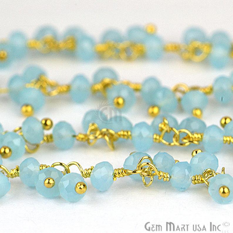 Aqua Chalcedony Gold Plated Wire Wrapped Beads Cluster Dangle Chain - GemMartUSA