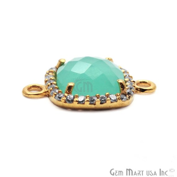 Aqua Chalcedony & Cubic Zircon Pave 10mm Cushion Gold Plated Double Bail Connector - GemMartUSA