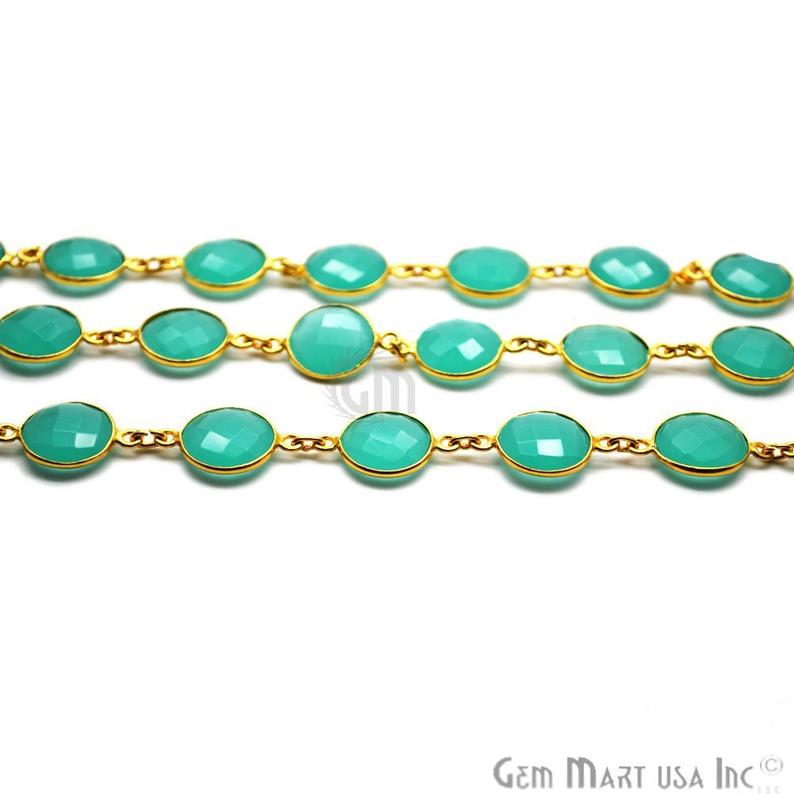 Green Aqua Chalcedony 12mm Round Gold Plated Bezel Continuous Connector Chain - GemMartUSA (764259958831)