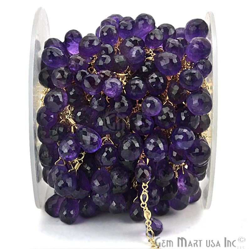Amethyst Faceted Tear Drops Gold Wire Wrapped Briolette Rosary Chain - GemMartUSA