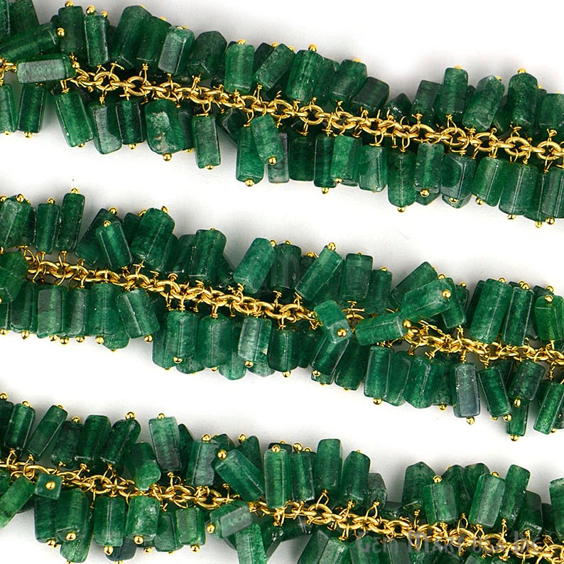 Aventurine Gold Wire Wrapped Cube Dangle Beads Rosary Chain - GemMartUSA