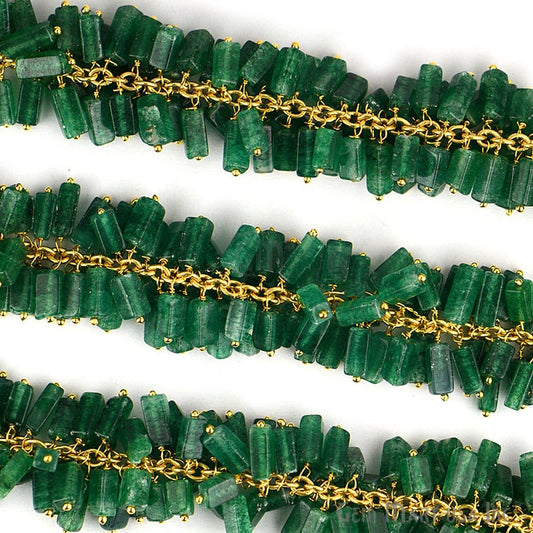 Aventurine Gold Wire Wrapped Cube Dangle Beads Rosary Chain - GemMartUSA