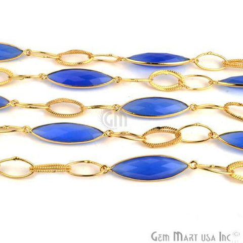 Blue Chalcedony 31x9mm Marquise Shape Gold Plated Bezel Connector Chain
