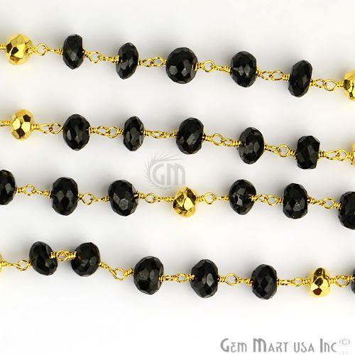 Black Spinel With Golden Pyrite Gold Plated Wire Wrapped Beads Chain (762909786159)