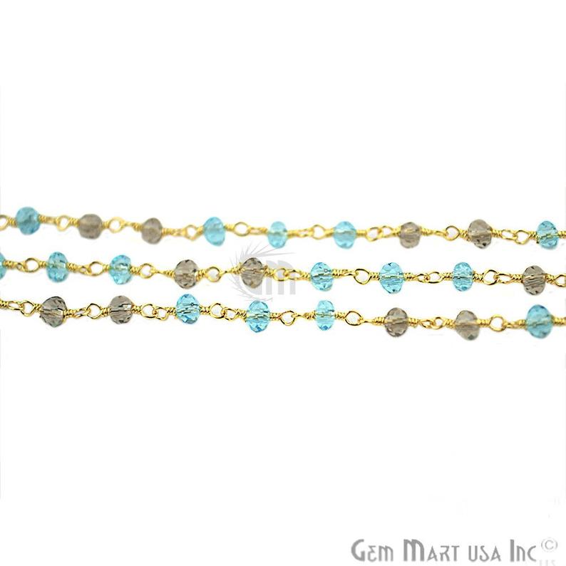 Blue Topaz & Labradorite Zircon Faceted Beads Gold Plated Rosary Chain - GemMartUSA