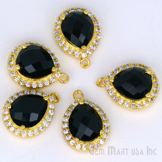 Black Onyx Gemstone 10x12mm Pear Shape Cubic Zirconia Prong Setting Gold Connector - GemMartUSA