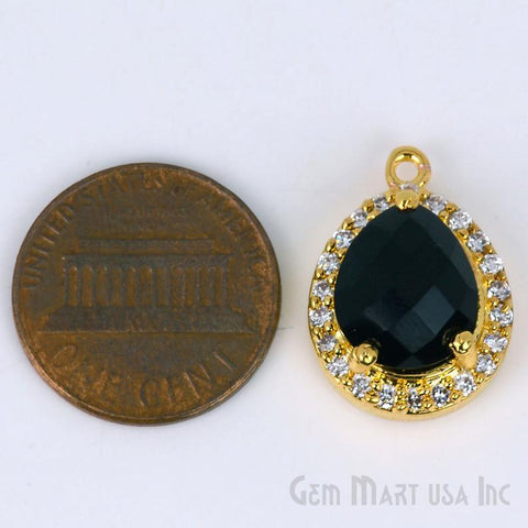 Black Onyx Gemstone 10x12mm Pear Shape Cubic Zirconia Prong Setting Gold Connector - GemMartUSA
