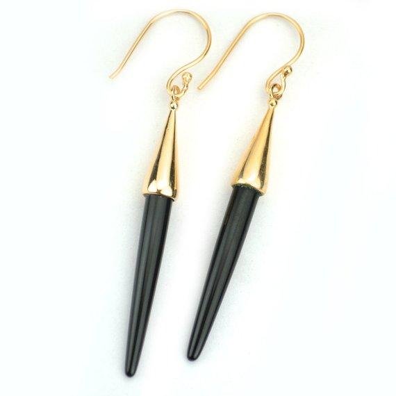 Gold Plated Spike Shape 67x5mm Gemstone Dangle Hook Earring Choose Your Style (90006-1) - GemMartUSA