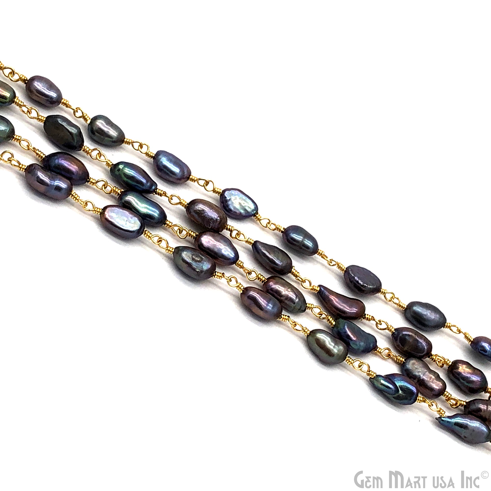 Black Pearl Oval Gold Plated Wire Wrapped Gemstone Beads Rosary Chain