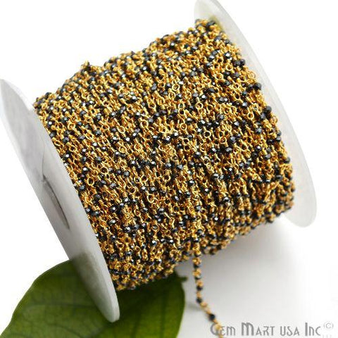 Black Pyrite Gold Plated Wire Wrapped Gemstone Beads Rosary Chain (762916601903)