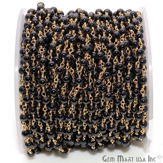 Black Spinel 3mm Beaded Gold Wire Wrapped Rosary Chain - GemMartUSA