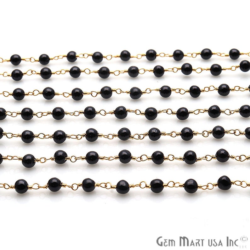 Black Spinel 3mm Beaded Gold Wire Wrapped Rosary Chain - GemMartUSA