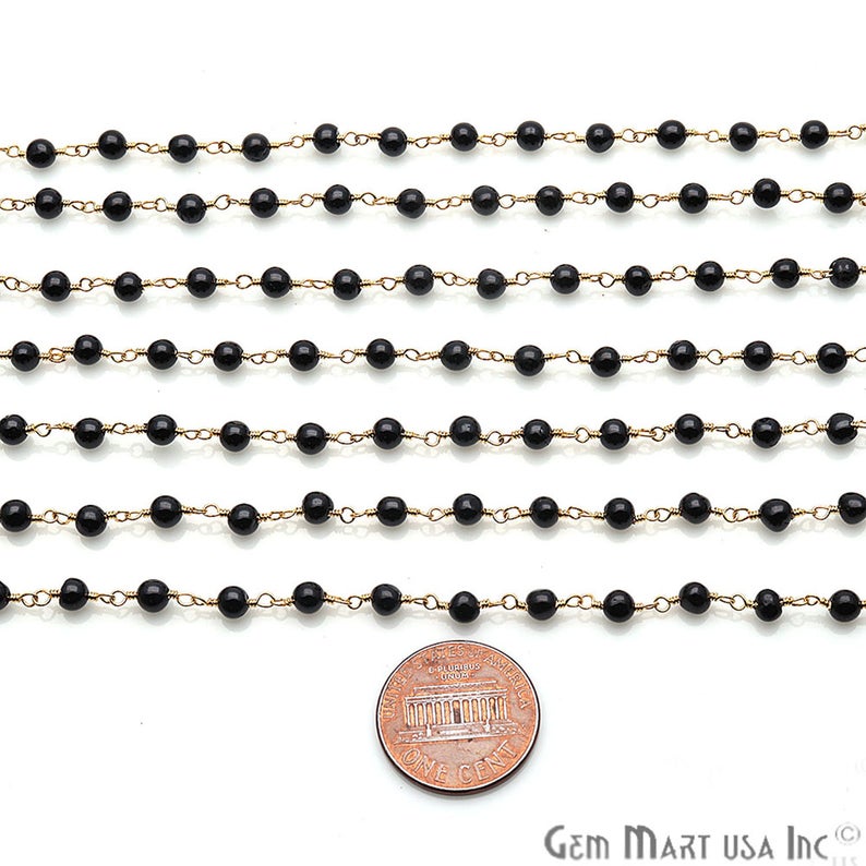Black Spinel 3mm Beaded Gold Wire Wrapped Rosary Chain - GemMartUSA
