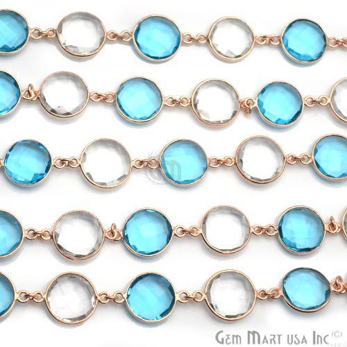 Blue Topaz With Crystal 12mm Round Gold Plated Continuous Connector Chain (764263759919)