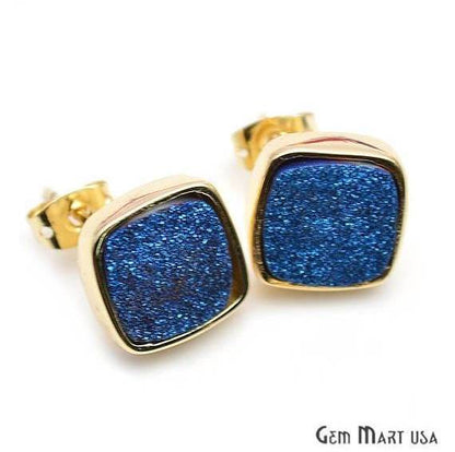 Square Shape 12mm Gold Plated Druzy Stud Earrings (Pick your Gemstone) (90002-1) - GemMartUSA