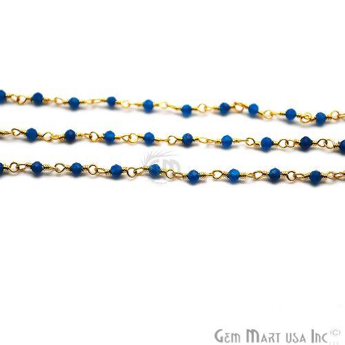 Royal Blue Chalcedony Gold Plated Wire Wrapped Gemstone Beads Rosary Chain (762929938479)