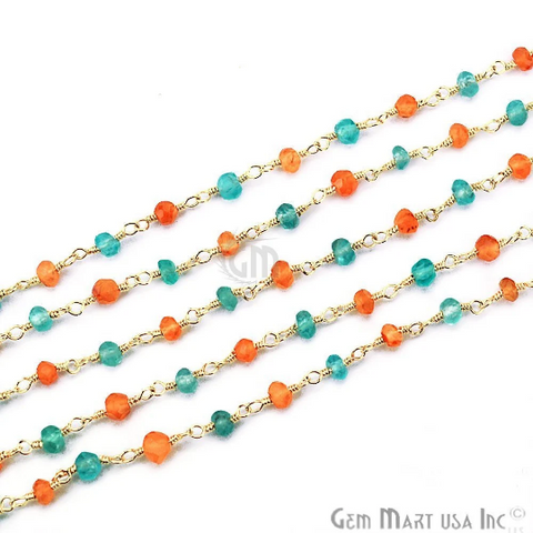 Carnelian With Aqua Chalcedony Gold Wire Wrapped Beads Rosary Chain