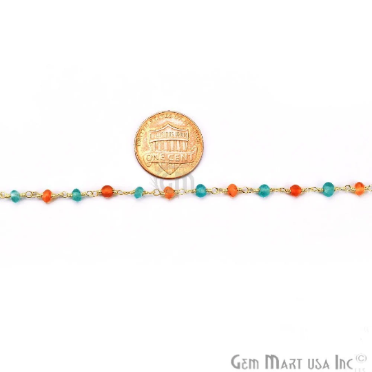 Carnelian With Aqua Chalcedony Gold Wire Wrapped Beads Rosary Chain