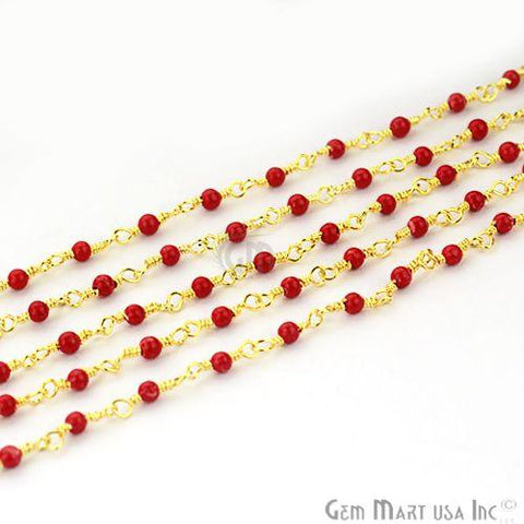 Red Coral Tiny Smooth Round Beads Gold Wire Wrapped Rosary Chain