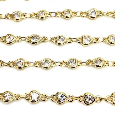 White Zircon Heart Shape 4-4.5mm Gold Plated Continuous Connector Chain - GemMartUSA