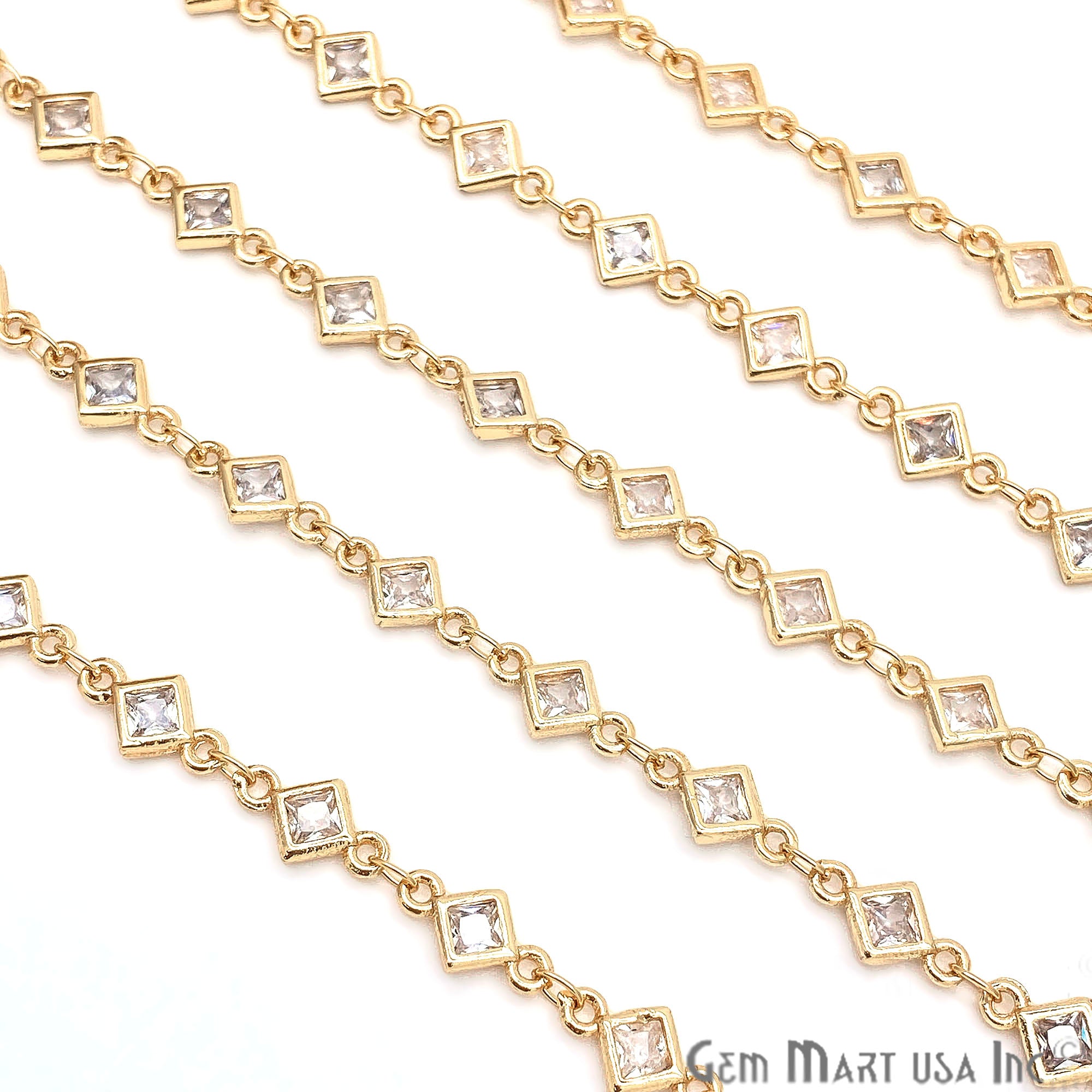 White Zircon Rhombus Shape 5.5mm Gold Plated Continuous Connector Chain - GemMartUSA