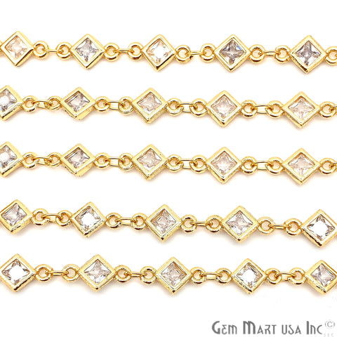 White Zircon Rhombus Shape 5.5mm Gold Plated Continuous Connector Chain - GemMartUSA