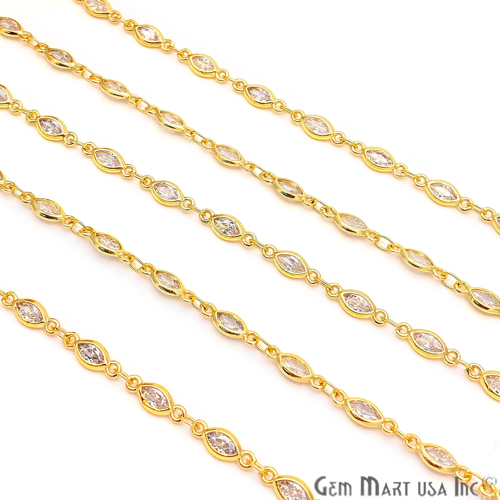 White Zircon Marquise Shape 6.5x3.5mm Gold Plated Continuous Connector Chain - GemMartUSA