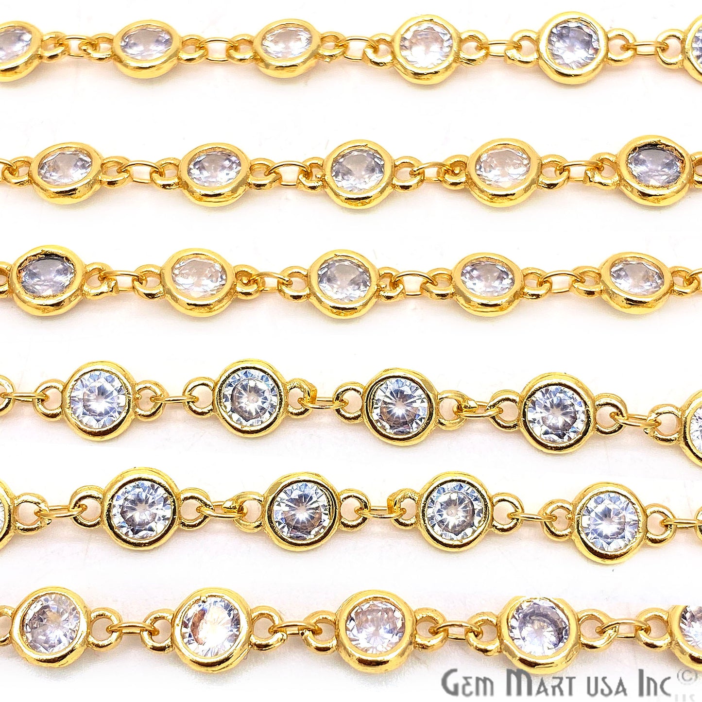 White Zircon Round Shape 5.5mm Gold Plated Continuous Connector Chain - GemMartUSA