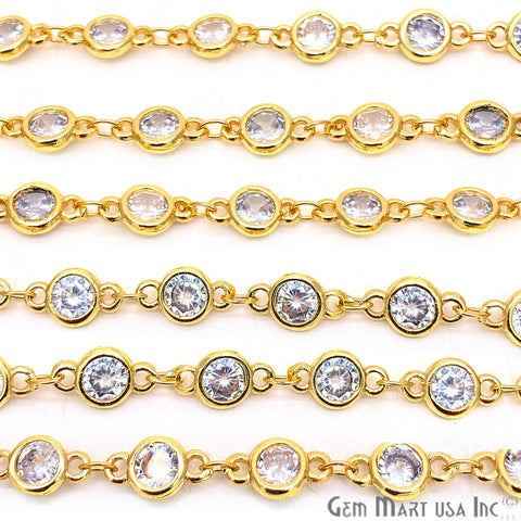 White Zircon Round Shape 5.5mm Gold Plated Continuous Connector Chain - GemMartUSA
