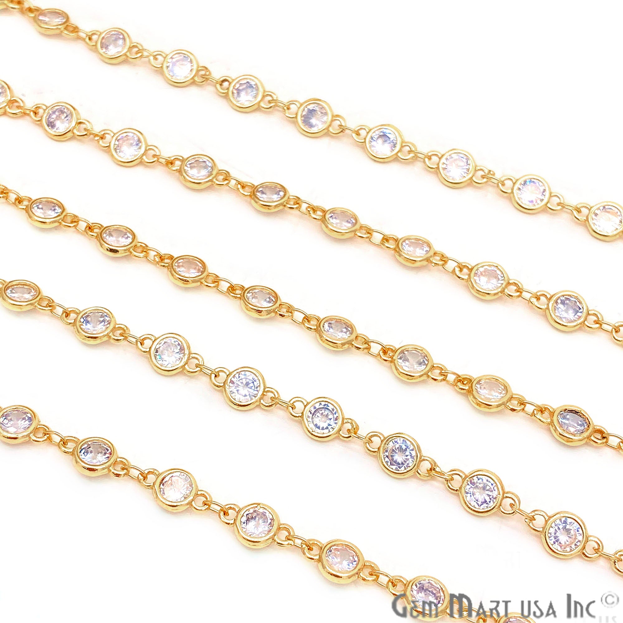 White Zircon Round Shape 5.5mm Gold Plated Continuous Connector Chain - GemMartUSA