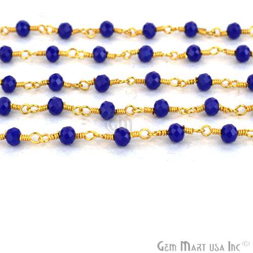 Dark Blue Chalcedony 3-3.5mm Gold Plated Wire Wrapped Beads Rosary Chain (762959527983)