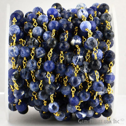 Sodalite Jade Faceted Beads 8mm Gold Plated Wire Wrapped Rosary Chain - GemMartUSA