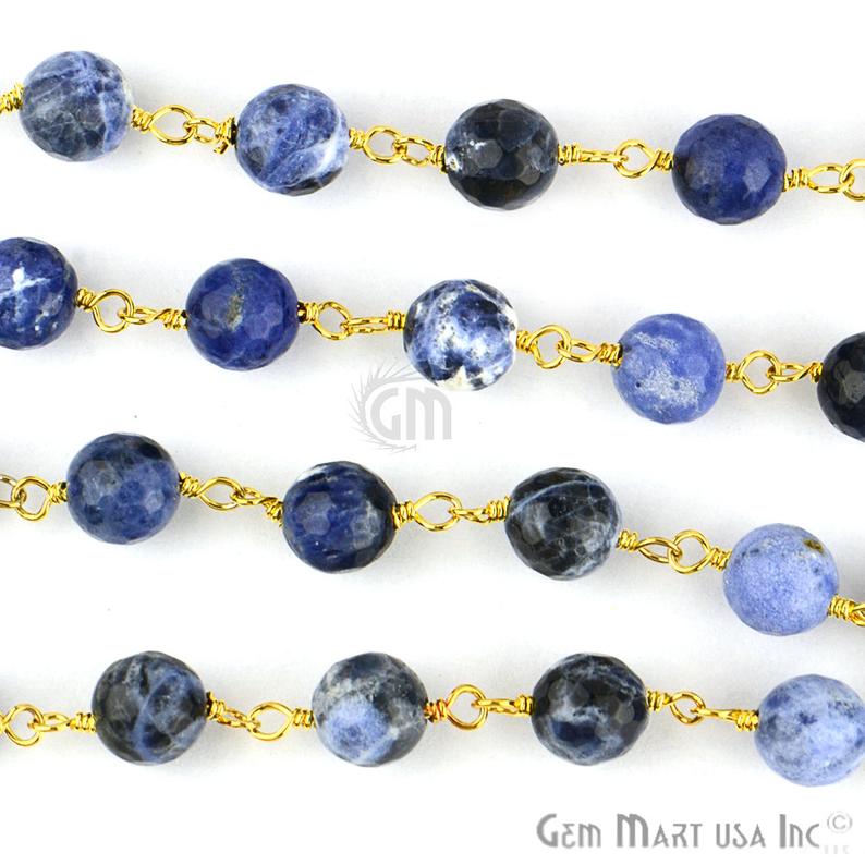 Sodalite Jade Faceted Beads 8mm Gold Plated Wire Wrapped Rosary Chain - GemMartUSA