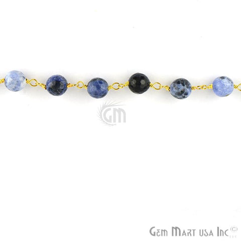 Sodalite Jade Faceted Beads 8mm Gold Plated Wire Wrapped Rosary Chain - GemMartUSA