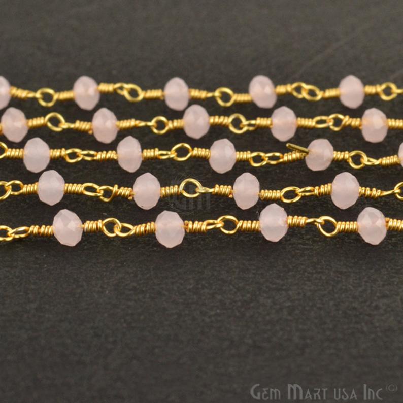 Dyed Rose Chalcedony Gemstone Beaded Gold Wire Wrapped Rosary Chain - GemMartUSA