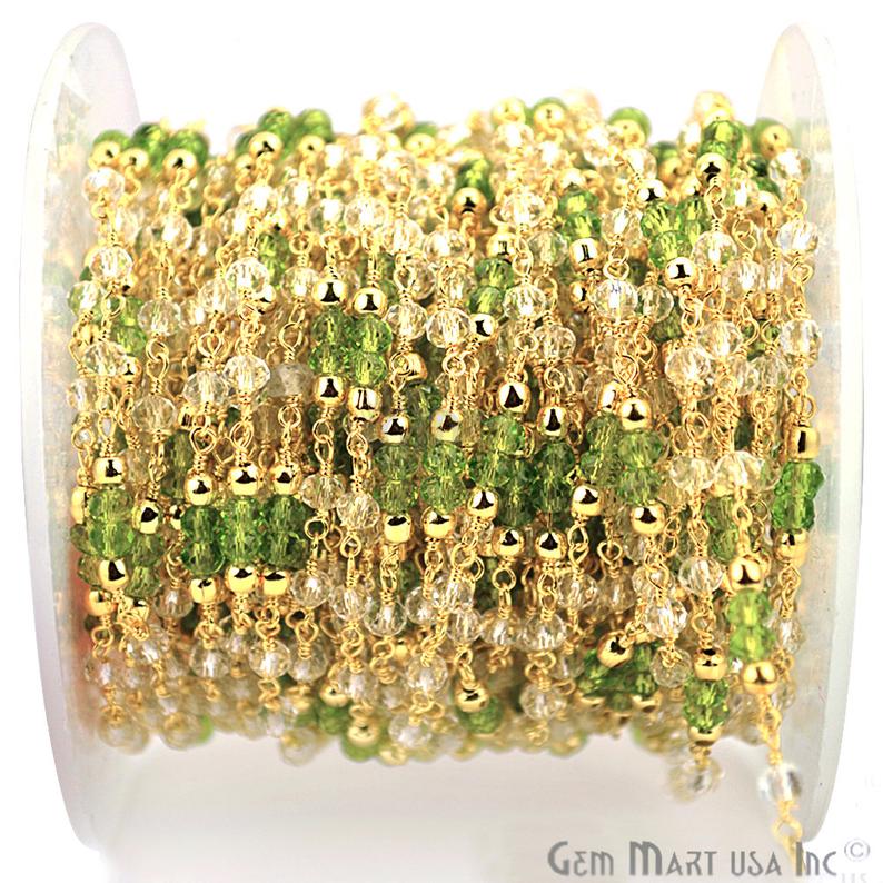 Crystal & Peridot Zircon Beads Gold Wire Wrapped Rosary Chain - GemMartUSA