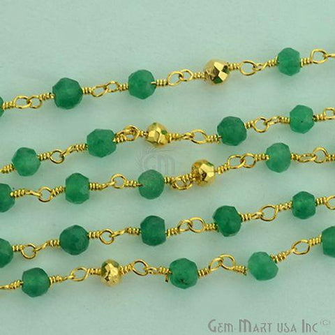 Emerald With Gold Pyrite Tiny Smooth Round Beads Gold Wire Wrapped Rosary Chain