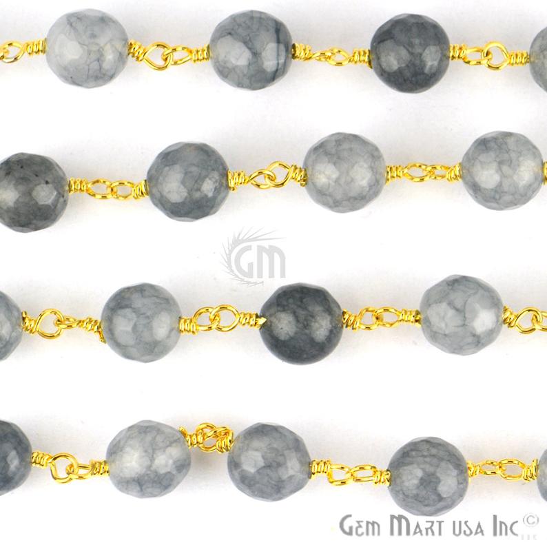 Grey Jade Faceted Beads 8mm Gold Plated Wire Wrapped Rosary Chain - GemMartUSA