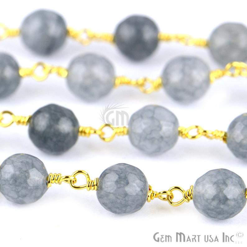 Grey Jade Faceted Beads 8mm Gold Plated Wire Wrapped Rosary Chain - GemMartUSA