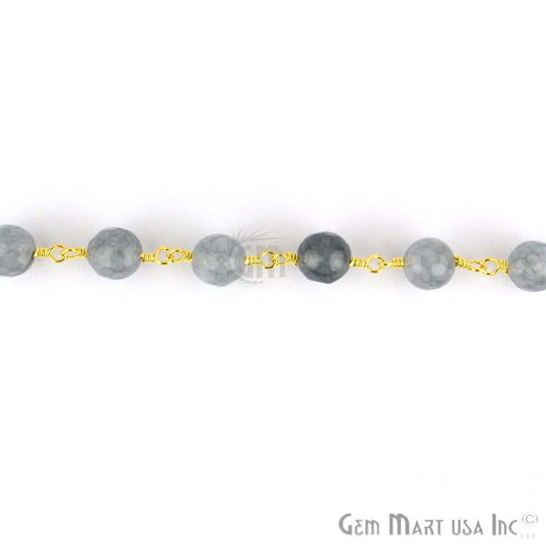 Grey Jade Faceted Beads 8mm Gold Plated Wire Wrapped Rosary Chain - GemMartUSA