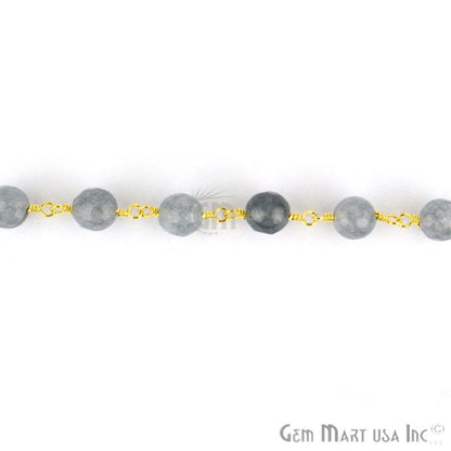 Grey Jade Faceted Beads 8mm Gold Plated Wire Wrapped Rosary Chain - GemMartUSA