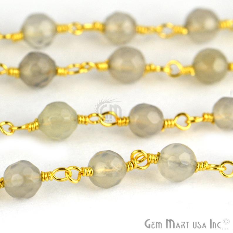 Grey Jade Faceted Beads 4mm Gold Plated Wire Wrapped Rosary Chain - GemMartUSA